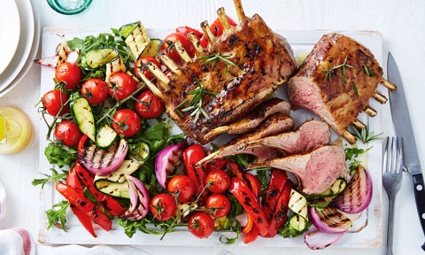 Garlic and rosemary lamb rack with grilled vegetables