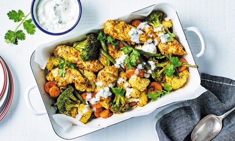 Korma chicken and vegetable medley tray bake