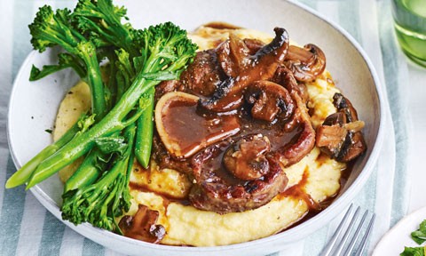 Slow-cooked Beef with Mushroom served on polenta with broccoli