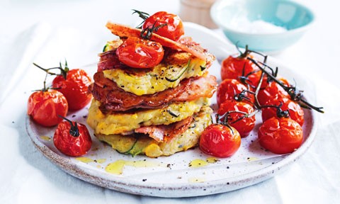 Zucchini Corn Fritters with Bacon, stacked, with oven grilled tomatoes