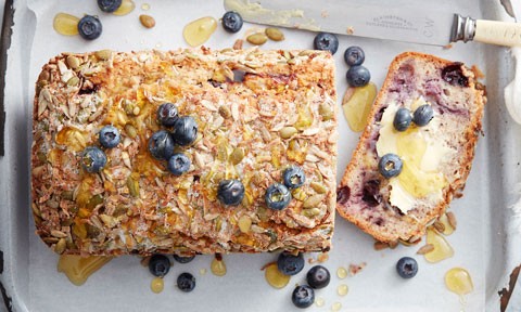 Gluten-free blueberry, coconut and seed loaf thickly sliced