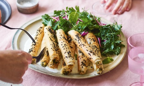 Spinach and ricotta filo cigars with herb salad