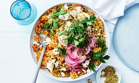 Persian-style pilaf with sweet potato, fetta and lentils