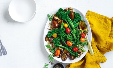 Balsamic veggies and ancient grains on a serving platter
