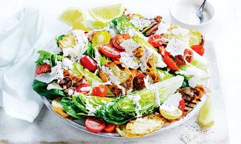 Caesar salad with pancetta, tomatoes and lemon zest