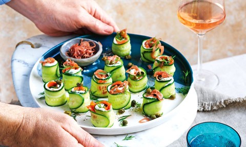 Curtis Stone's cucumber and goat's cheese bites with smoked trout