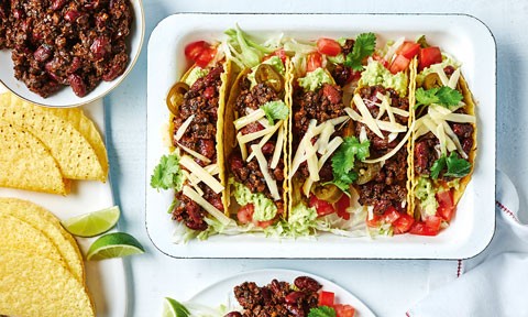 Mexican-style mushroom mince tacos in a dish.