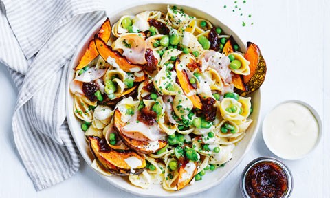 Pea and ham pasta salad with pumpkin mixture and onion jam