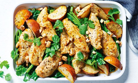 Honey and lemongrass chicken with pear, cashew and coriander