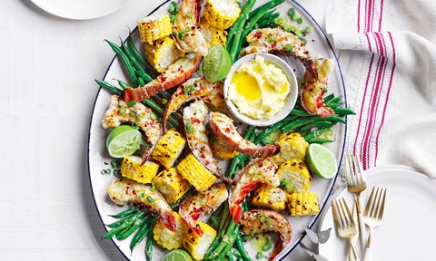Curtis Stone's BBQ lobster with corn, ginger butter and chilli flakes on a plate