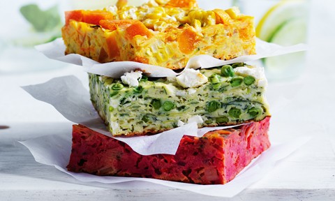 Three slices of beetroot and zucchini slice stacked