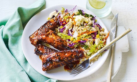 Four sticky BBQ lamb ribs with pearl couscous and salads