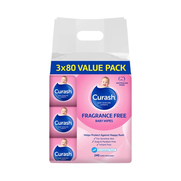 Curash Fragrance Free 240 Baby Wipes 3x80 Pack | 3 pack