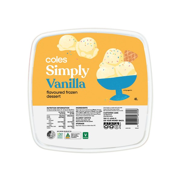 Coles Simply Vanilla Flavoured Frozen Dessert | 4L