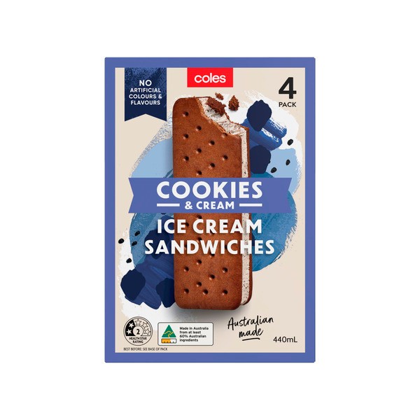 Coles Cookies & Cream Ice Cream Sandwich 4 Pack | 440 ml