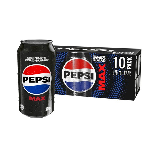 Pepsi Max No Sugar Cola Soft Drink Cans Multipack 375mL x 10 Pack | 10 pack