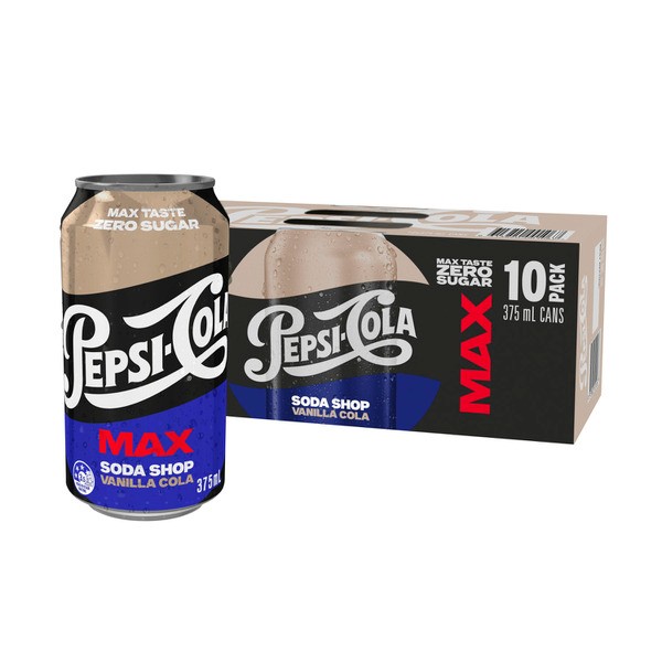 Pepsi Max No Sugar Vanilla Cola Soft Drink Cans Multipack 375mL x 10 Pack | 10 pack