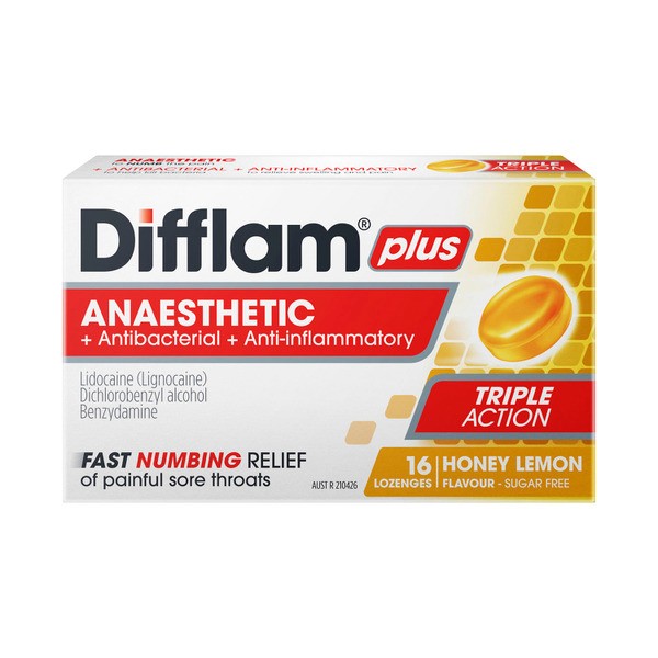 Difflam Plus Anaesthetic Honey And Lemon Flavour Lozenges | 16 pack