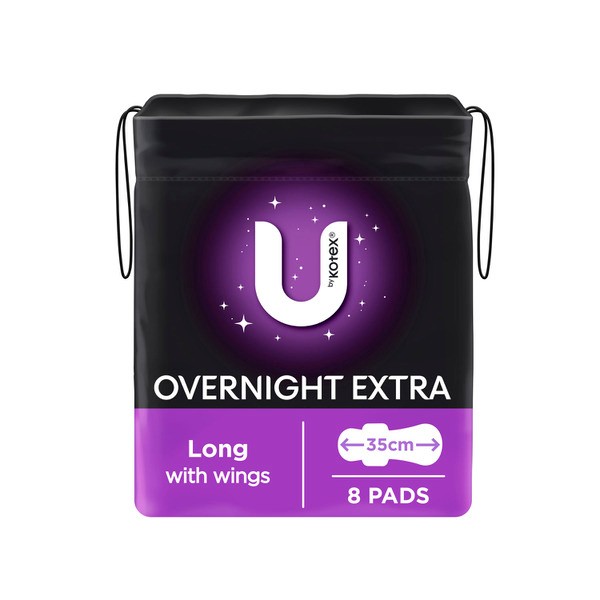 U by Kotex Overnight Extra Pads Long with Wings | 8 pack