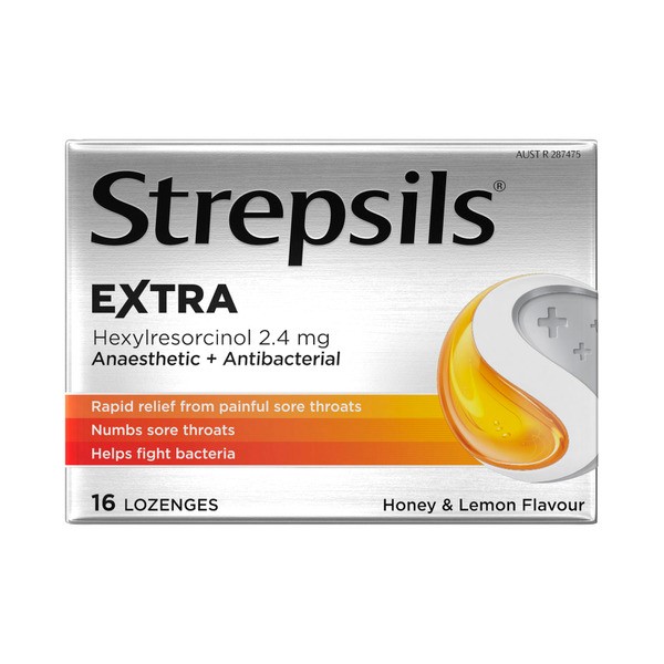 Strepsils Extra Honey and Lemon Fast Numbing Sore Throat Pain Relief with Anaesthetic 16 Lozenges | 1 Pack