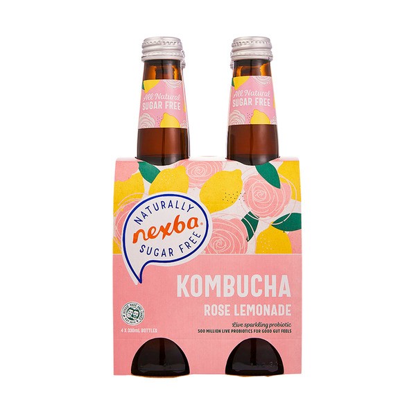 Nexba Kombucha Rose Lemonade Live Sparkling Probiotic Multipack Bottles 330mL | 4 pack