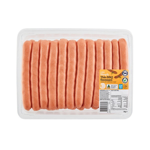 Coles Simply Thin BBQ Sausages 24 pack | 1.8kg