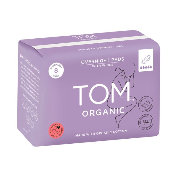 Tom Organic Overnight Pads With Organic Cotton | 8 pack