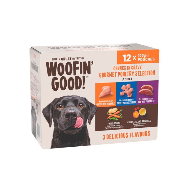 Woofin Good Chunks In Gravy Mixed Selection Chicken- Duck & Turkey Pouches Dog Food 12x100g | 12 pack