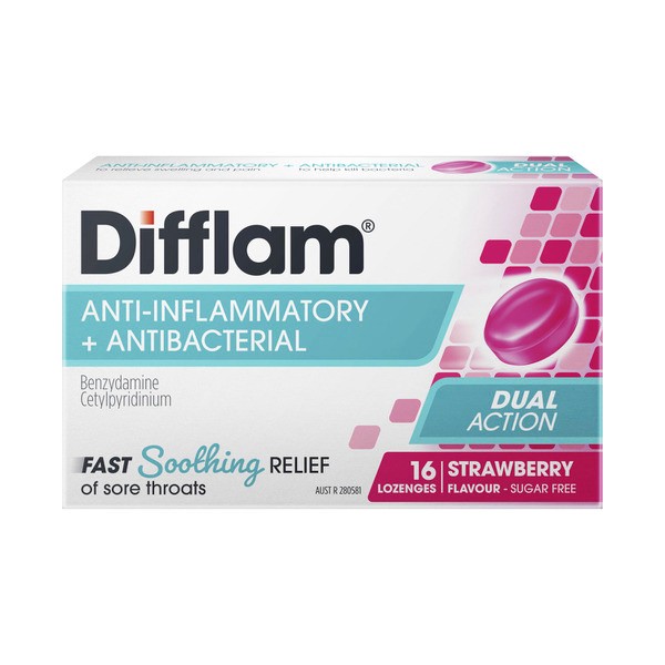 Difflam Strawberry Flavour Regular Lozenges | 16 pack