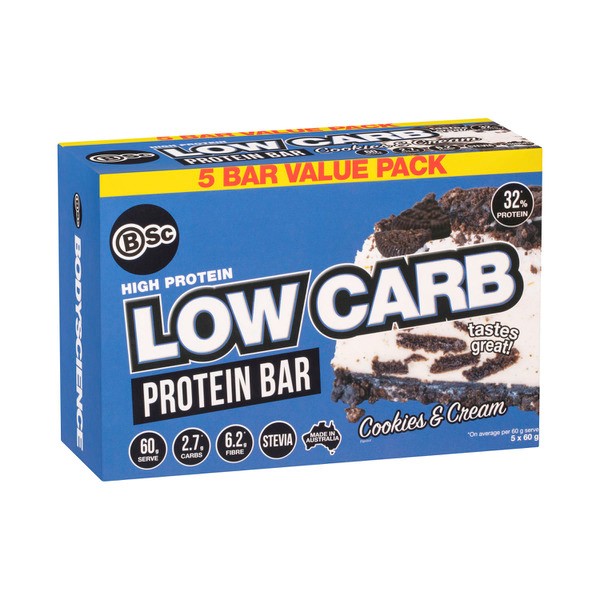 BSc Bodyscience High Protein Low Carb Bar Cookies & Cream 5 Bar Value Pack 5x60g | 300g
