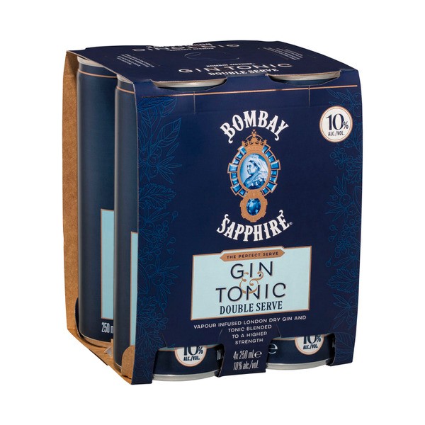 Bombay Sapphire Gin & Tonic Double Serve 10% Can 250mL | 4 Pack