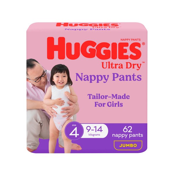 Huggies Ultra Dry Nappy Pants Girls Size 4 (9-14kg) | 62 pack