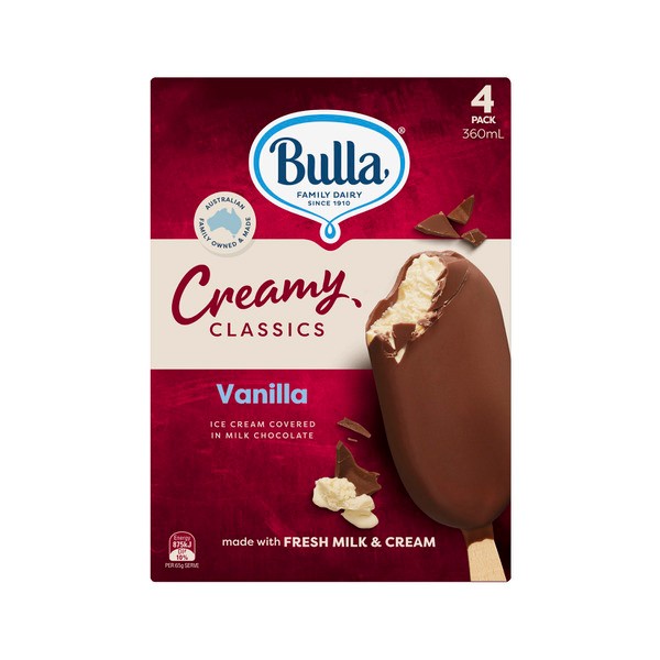 Bulla Creamy Classic Ice Cream Sticks Vanilla 4 Pack | 360mL