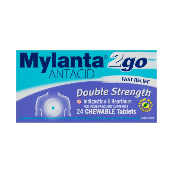 Mylanta 2Go Antacid Double Strength Chewable Tablets Lemon Mint | 24 pack