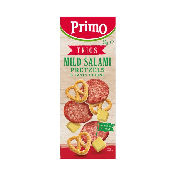 Primo Trios Mild Salami Pretzels & Tasty Cheese Cubes | 50g