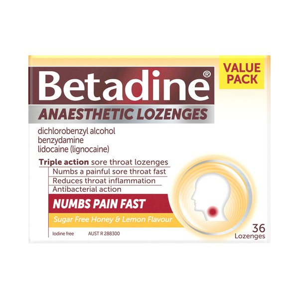 Betadine Sore Throat Lozenges Anaesthetic Honey & Lemon | 36 pack
