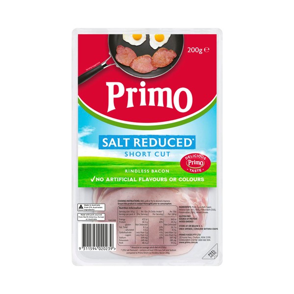 Primo Short Cut Salt Reduced Rindless Bacon | 200g