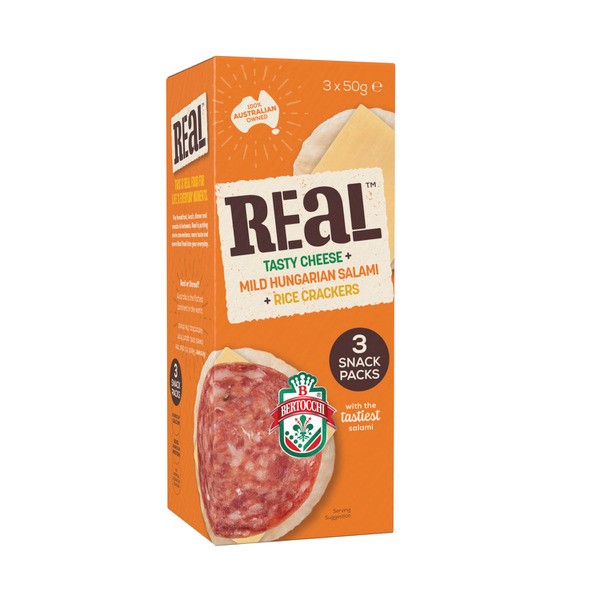 Real Tasty Cheese Hungarian Salami & Rice Crackers 3 Pack | 150g