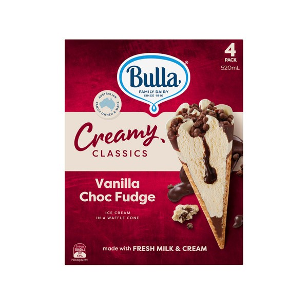 Bulla Creamy Classic Vanilla Choc Fudge Cone 4 Pack | 520mL