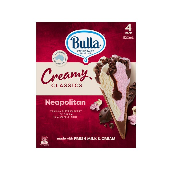 Bulla Creamy Classics Neapolitan Cone 4 Pack | 520mL