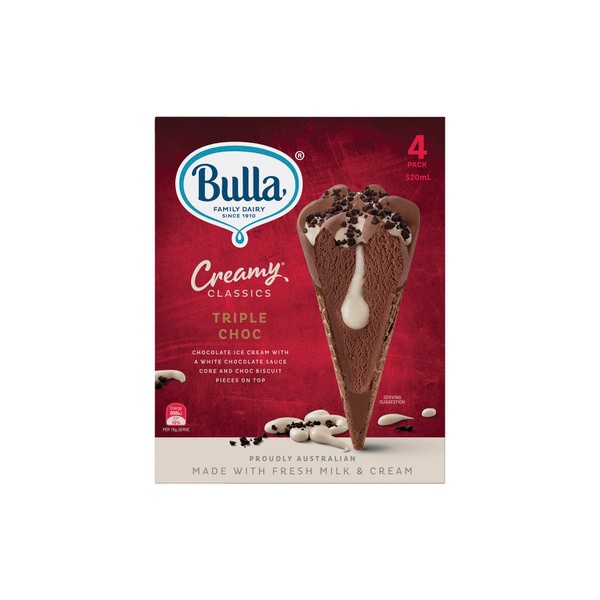 Bulla Creamy Classics Triple Choc Cone 4Pk | 520mL