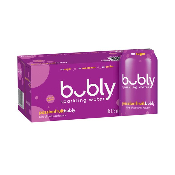Bubly Passionfruit Flavour Sparkling Water No Sugar Multipack Cans 375mL x 8 Pack | 8 pack
