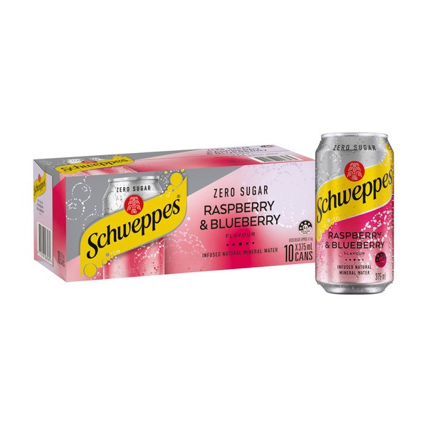 Schweppes Zero Sugar Raspberry & Blueberry Infused Natural Mineral Sparkling Water 375mL x 10 Pack | 10 pack