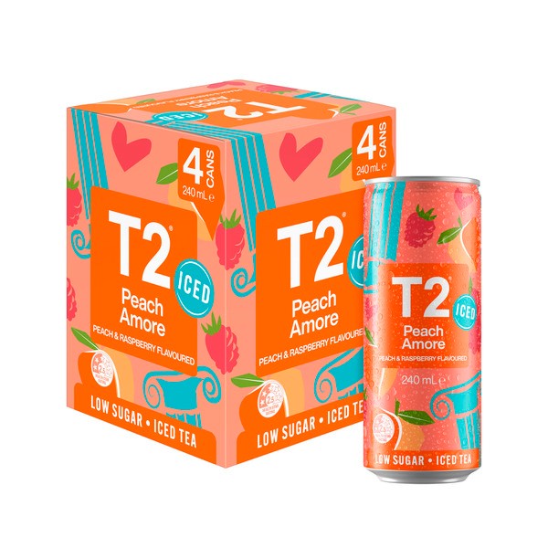 T2 Iced Tea Peach Amore Raspberry Low Sugar Ice Tea Cans 240mL x 4 Pack | 4 pack