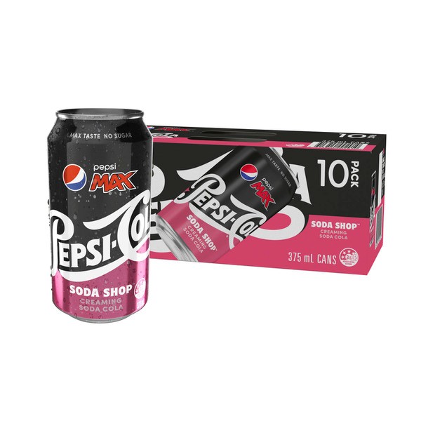 Pepsi Max No Sugar Creaming Soda Cola Soft Drink Cans Multipack 375mL x 10 Pack | 10 pack