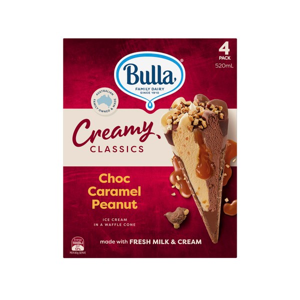 Bulla Creamy Classics Choc Caramel Peanut Cone 4 Pack | 520mL