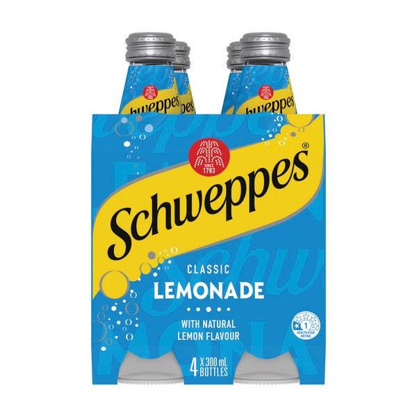 Schweppes Lemonade Soft Drink Bottle Glass Multipack 300mL x 4 Pack | 4 pack