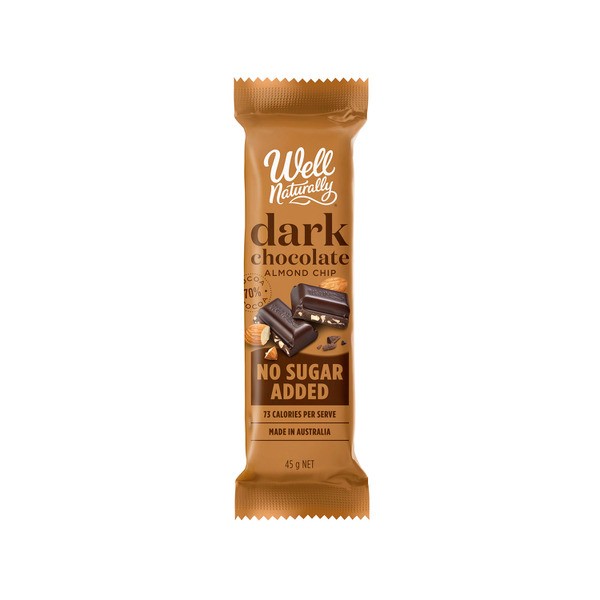 Well Naturally No Sugar Added Dark Chocolate Bar Almond Chip | 45g