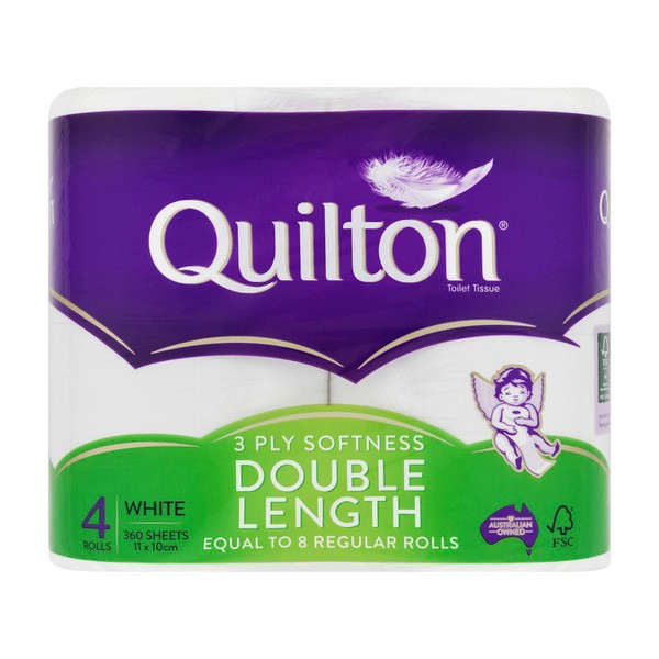Quilton 3 Ply Double Length White Toilet Paper | 4 pack