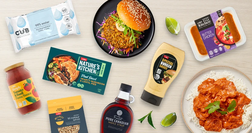 Coles exclusive brand products laid out on a table